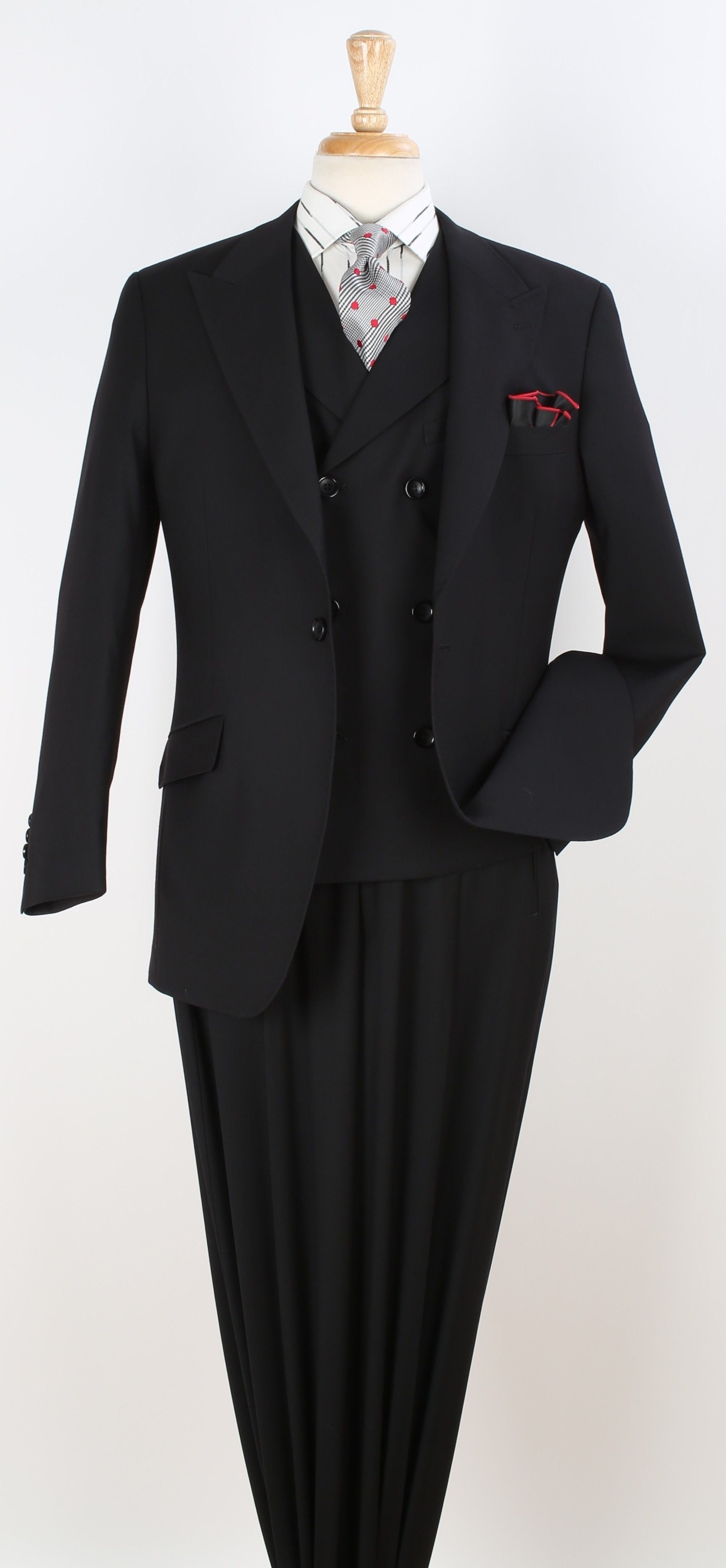 Mens Suit With Pleated Pants - Semi Wide Leg 100% Wool Super 150's Big Peak Lapel Classic Fit Athletic Cut With Double breasted Vest in Black - 34 Short or Extra Small