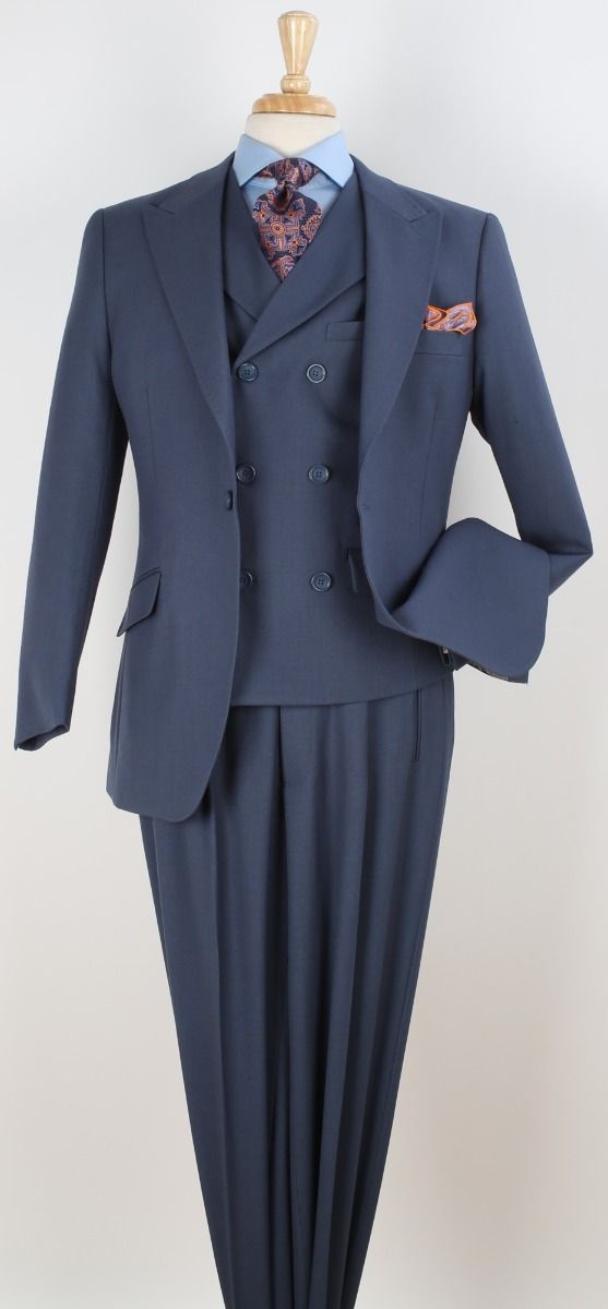 Mens Suit With Pleated Pants - Semi Wide Leg 100% Wool Super 150's Big Peak Lapel Classic Fit Athletic Cut With Double breasted Vest in Dusty Blue - 34 Short or Extra Small
