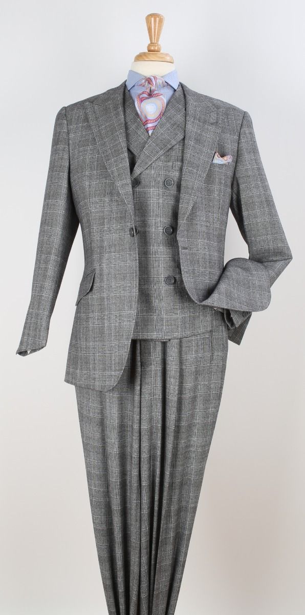 Mens Suit With Pleated Pants - Semi Wide Leg 100% Wool Super 150's Big Peak Lapel Classic Fit Athletic Cut With Double breasted Vest in Grey Windowpane - 34 Short or Extra Small