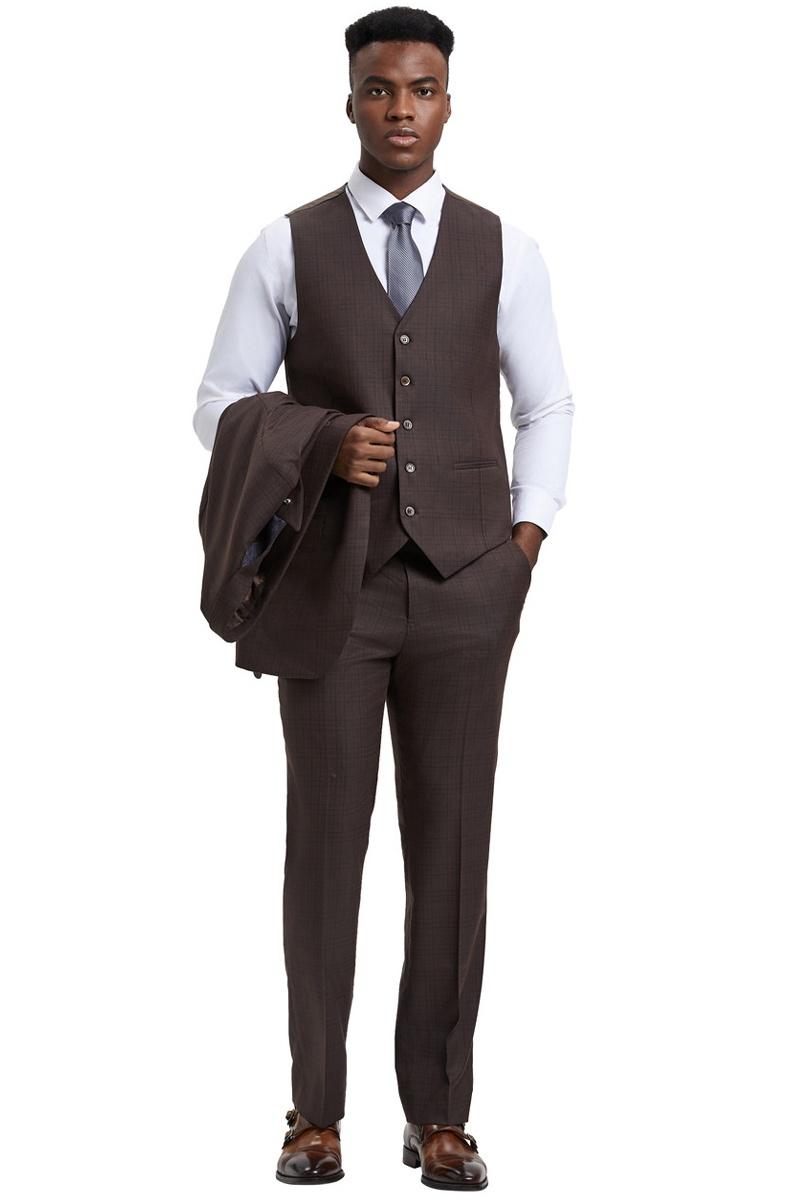 Men's Stacy Adams Vested One Button Wide Peak Lapel Windowpane Plaid Suit in Brown - 38 Regular