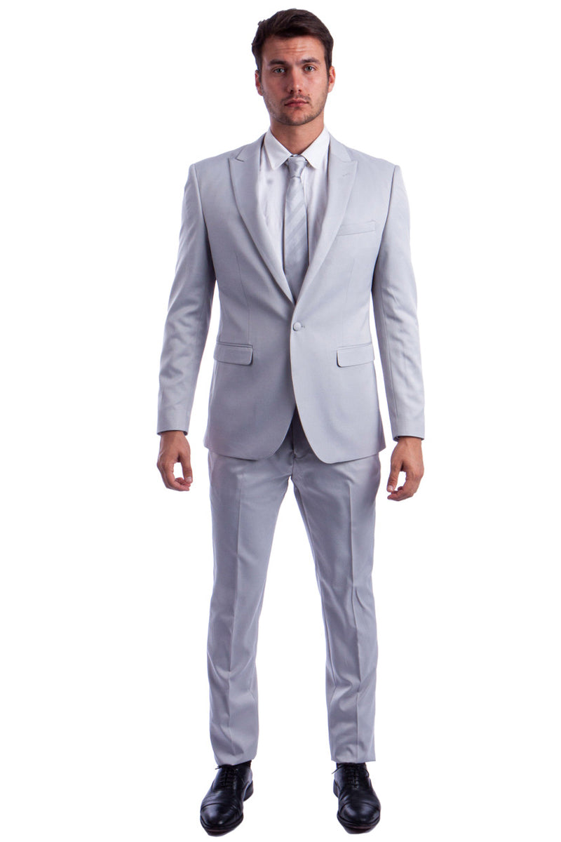 "Men's Slim Fit Suit - One Button, Peak Lapel in Light Grey" - 52 Regular