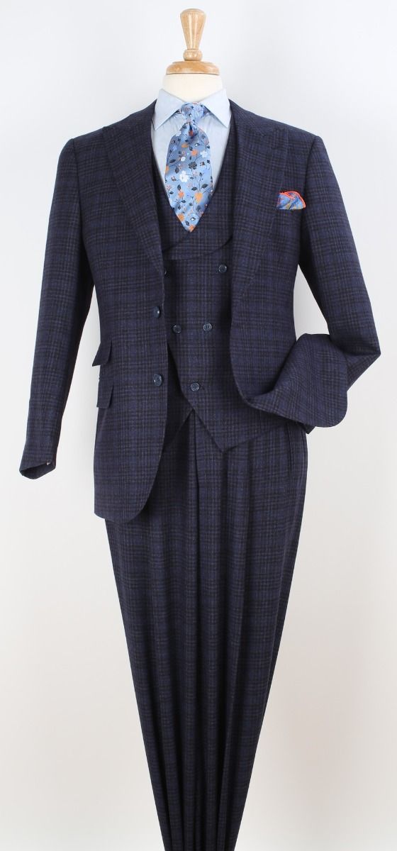 Mens Suit With Pleated Pants - Semi Wide Leg 100% Wool Super 150's Big Peak Lapel Classic Fit Athletic Cut With Double breasted Vest in Blue Check - 34 Short or Extra Small