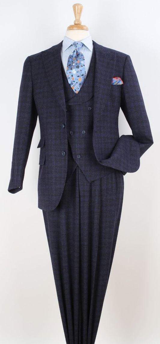 Mens Suit With Pleated Pants - Semi Wide Leg 100% Wool Super 150's Big Peak Lapel Classic Fit Athletic Cut With Double breasted Vest in Blue Check