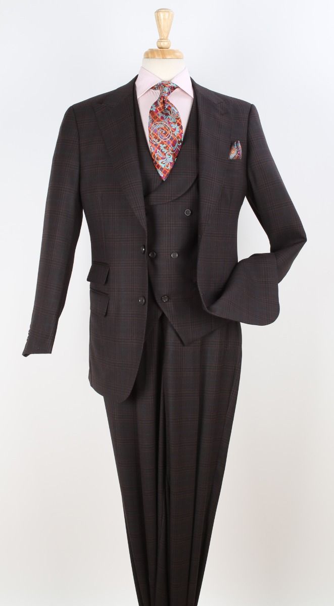 Mens Suit With Pleated Pants - Semi Wide Leg 100% Wool Super 150's Big Peak Lapel Classic Fit Athletic Cut With Double breasted Vest in Brown Windowpane - 34 Short or Extra Small