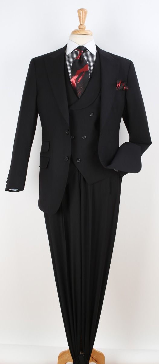 Mens Black Suit With Pleated Pants - Semi Wide Leg 100% Wool Super 150's Big Peak Lapel Classic Fit Athletic Cut With Double breasted Vest