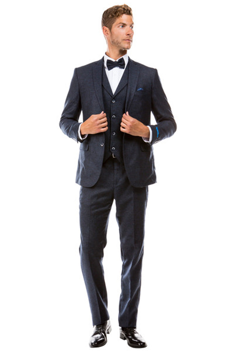 Navy Blue Vintage Tweed Wedding Suit for Men - Two Button Vested Style - 34 Short
