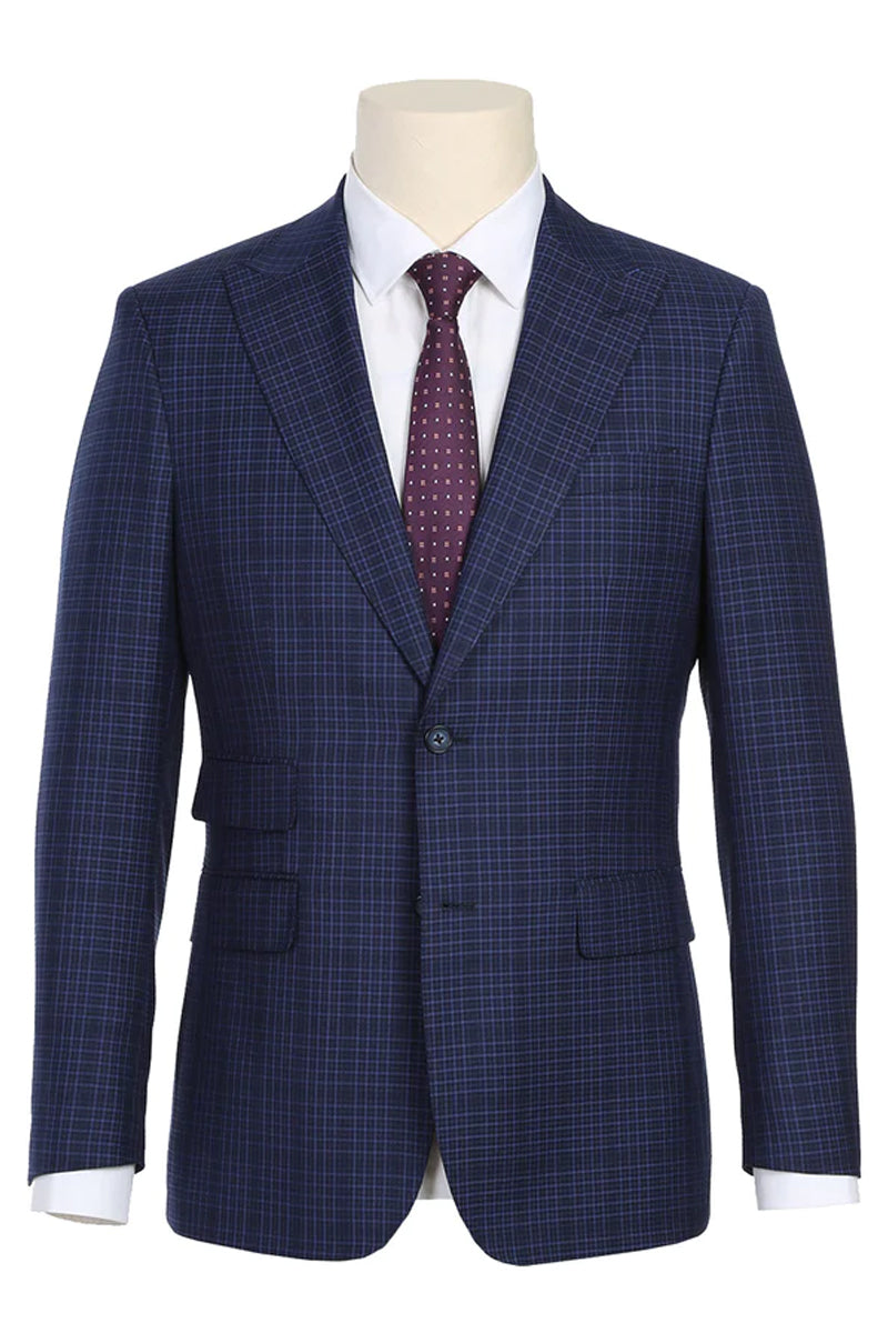 Mens Designer Two Button Slim Fit Peak Lapel Suit in Navy Blue Overcheck Plaid - 36S