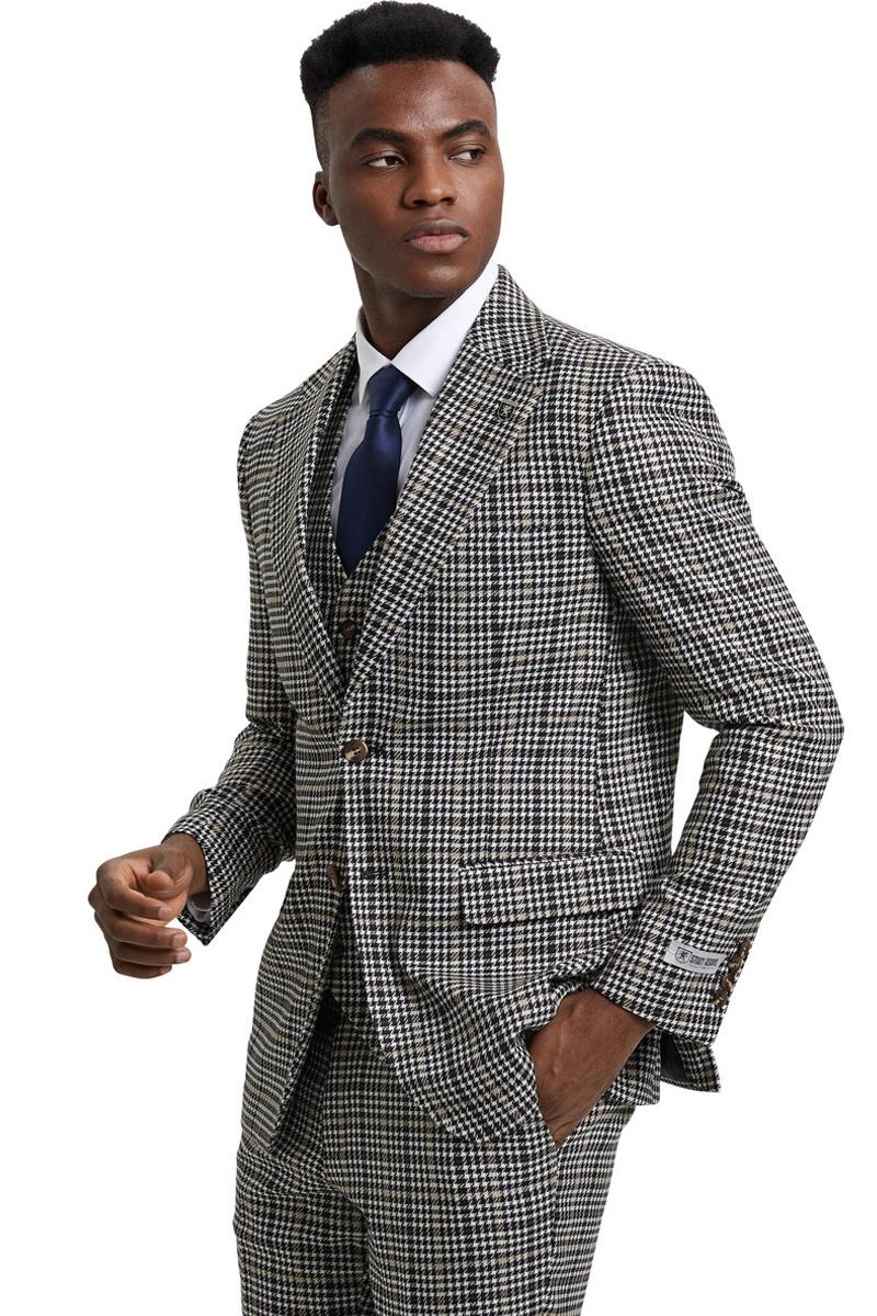 Men's Stacy Adams Vested Modern Fit Houndstooth Glen Plaid Suit in Grey & Green - 38 Regular