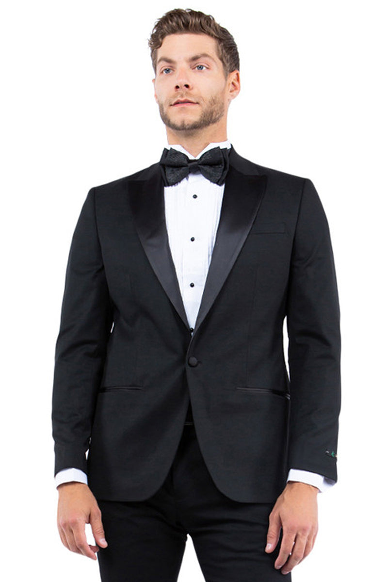 "Black Men's Modern Fit Tuxedo Jacket with One Button & Peak Lapel"