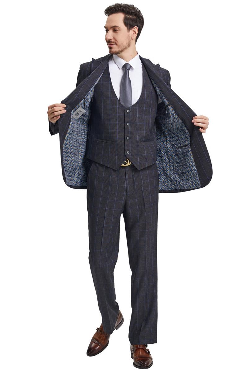 Men's Stacy Adams Peak Lapel Charcoal Grey Windowpane Plaid Suit with a Scoop Neck Vest - 38 Regular