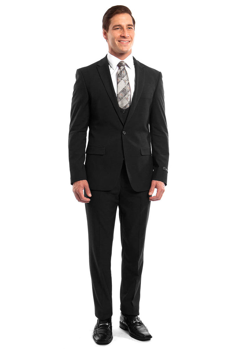 "Black Men's Wedding & Prom Suit - One Button Peak Lapel Skinny with Lowcut Vest"