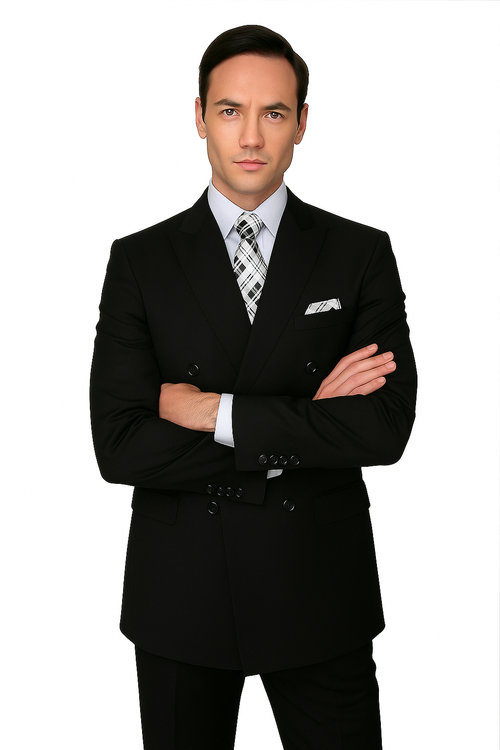 Mens Classic Wool Double Breasted Suit in Black