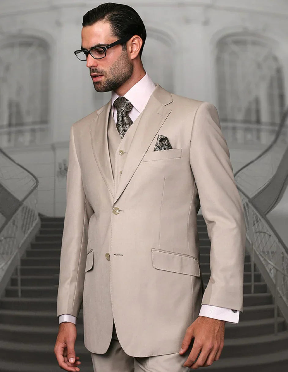 Tan Groomsmen Suits Mens 2 Button Modern Fit Vested Wool Suit - Tan