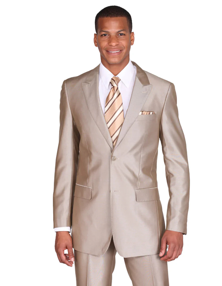 Tan Groomsmen Suits Mens 2 Button Peak Lapel Shiny Sharkskin Suit in Tan - Tan