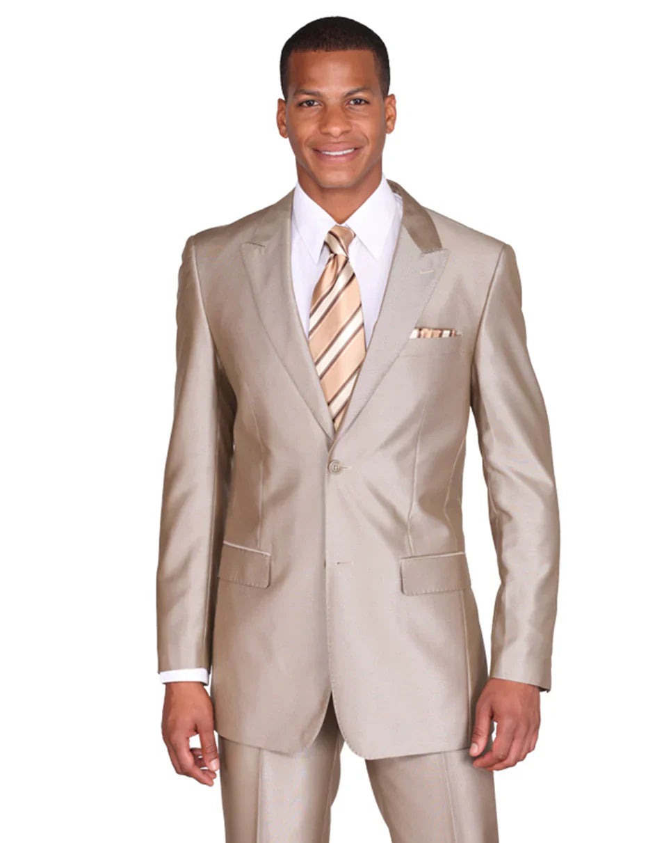 Tan Groomsmen Suits Mens 2 Button Peak Lapel Shiny Sharkskin Suit in Tan - Tan