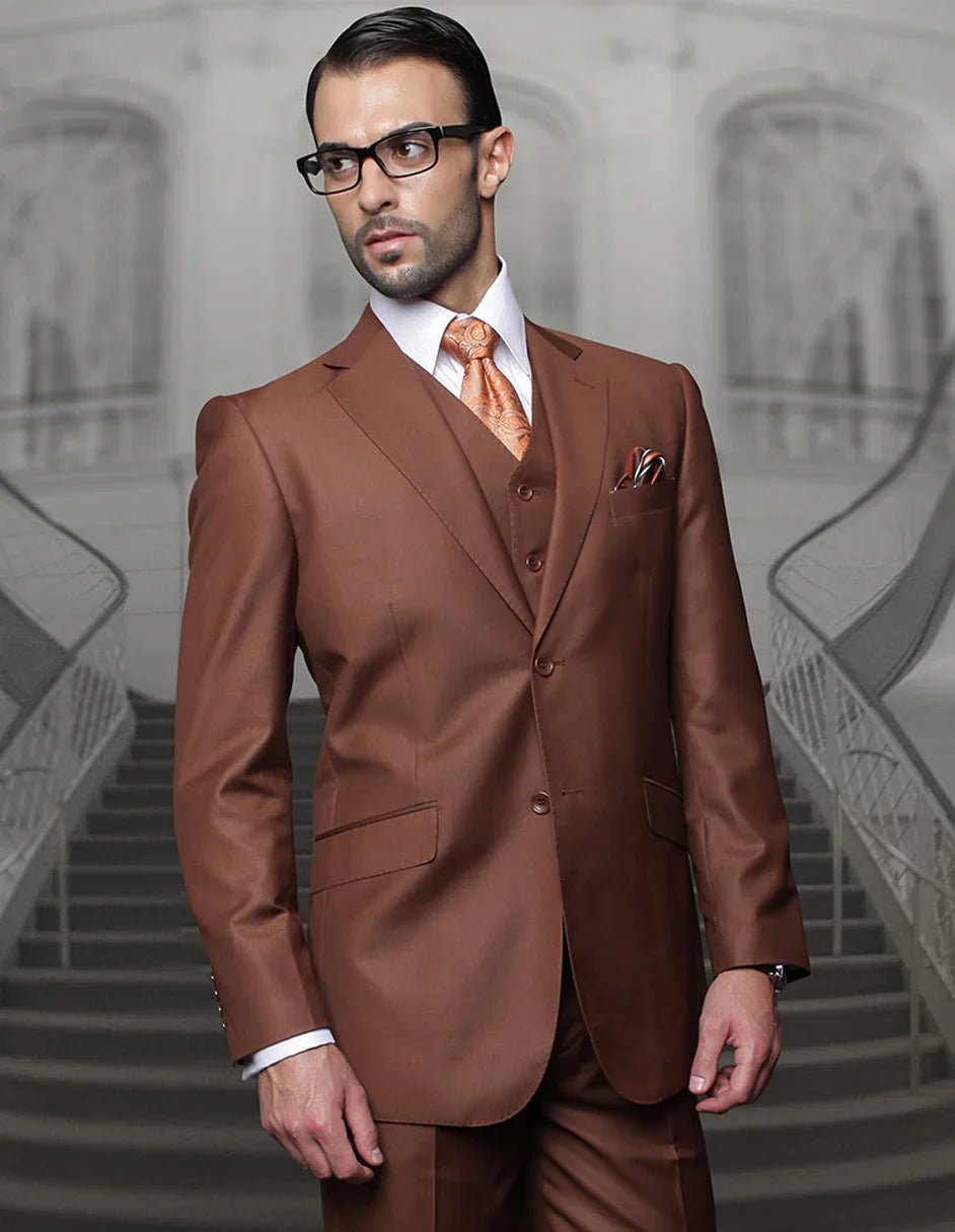 Tan Groomsmen Suits Mens 2 Button Vested Modern Fit Wool Suit in Taupe Plaid - Tan