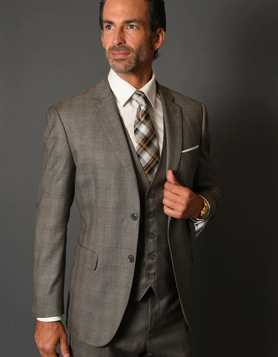 Tan Groomsmen Suits Mens 2 Button Vested Modern Fit Wool Suit in Taupe Plaid - Tan