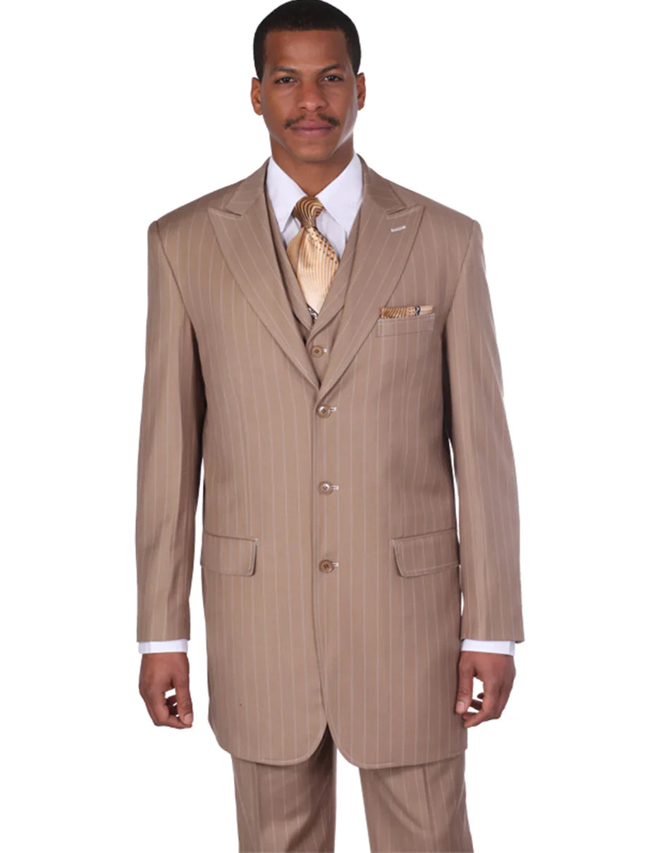 Tan Groomsmen Suits Mens 3 Button Peak Lapel Bold Pinstripe Gangster Suit in Tan - Tan