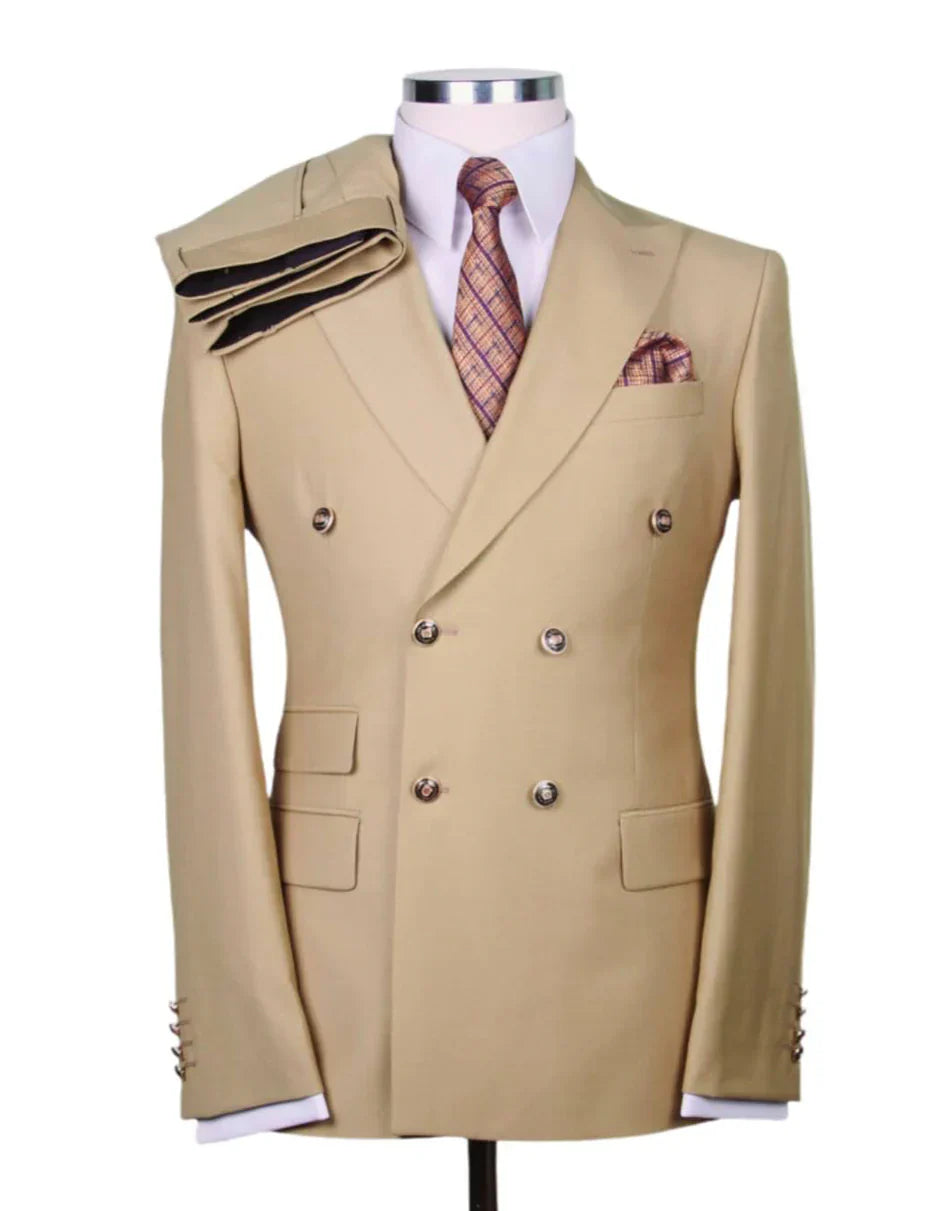 Tan Groomsmen Suits Mens Designer Modern Fit Double Breasted Wool Suit with Gold Buttons in Camel - Tan