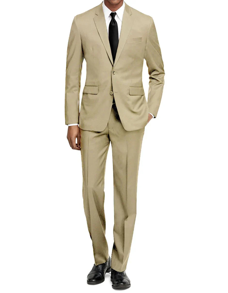 Tan Groomsmen Suits This modern fit suit is sure to be a hit. It features a standard 2 button closure, back side vents on the jacket, and flat fron pants. - Tan