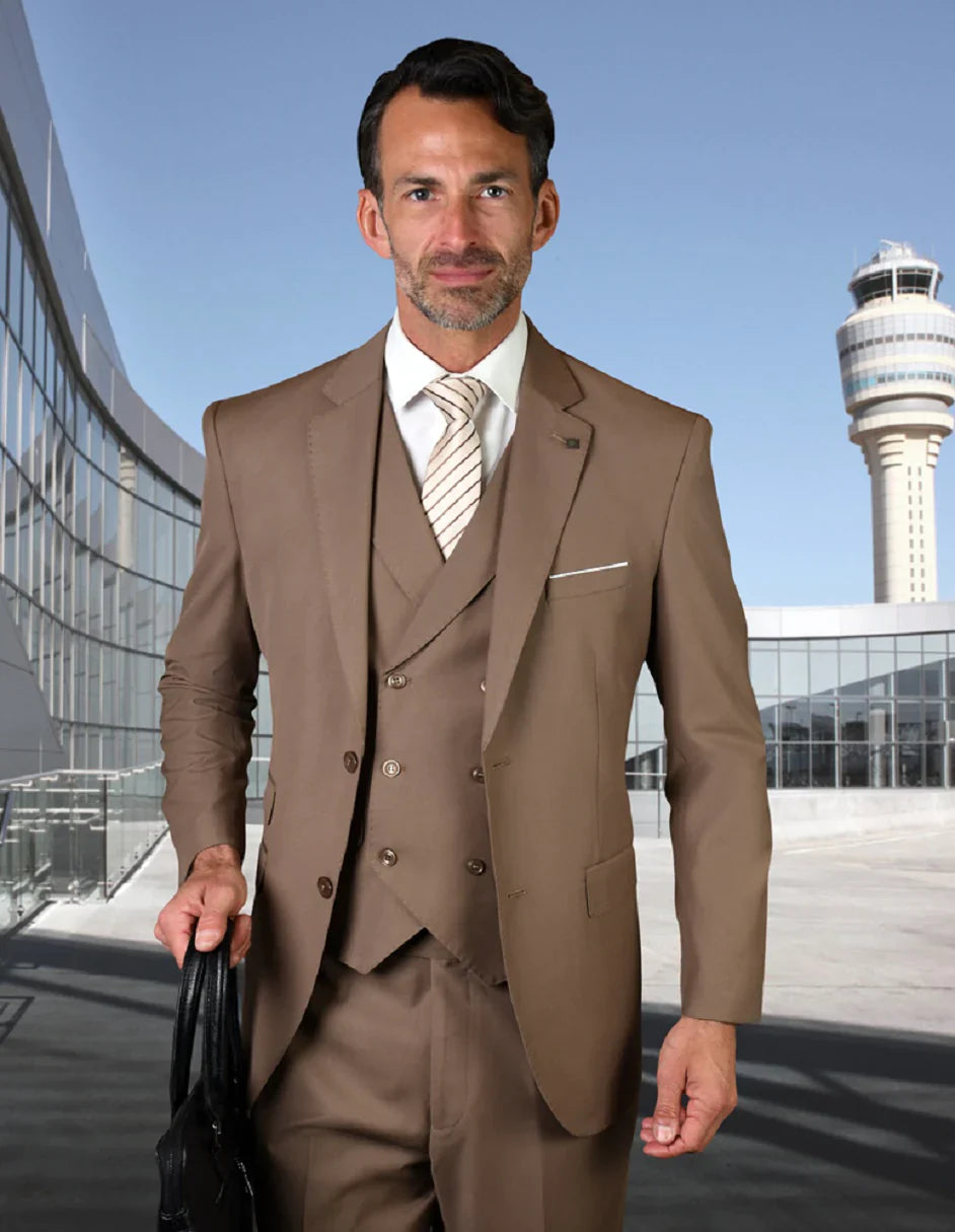 Tan Groomsmen Suits - Mens 2 Button Slim Fit Wool Suit - Tan