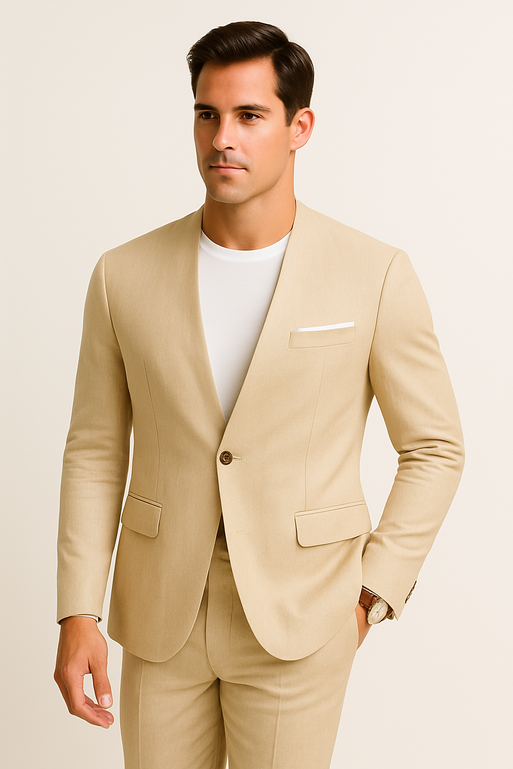 Tan Linen Suit For Summer - Collarless Blazer and Pants Collarless Lapel - No Lapel Casual! - 34 Short or Extra Small
