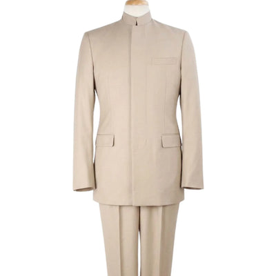 Tan Mandarin Collar Classic Fit Clergy Suit with Pleated Pants