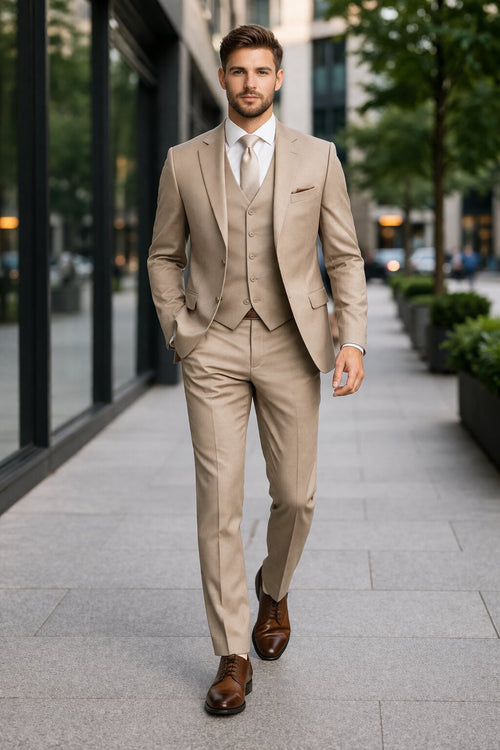 Mens Stacy Adams Suits - Designer Suit - 3 Piece Suit - Vested Suit - Flat Front Pant- Modern Fit Suits Tan Suit