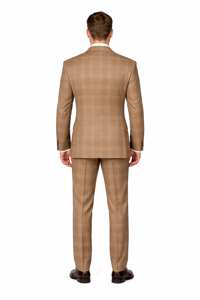 Tan Windowpane Plaid Suit Rossiman Double-Breasted Mens Two-Piece in Camel-New Designer Collection