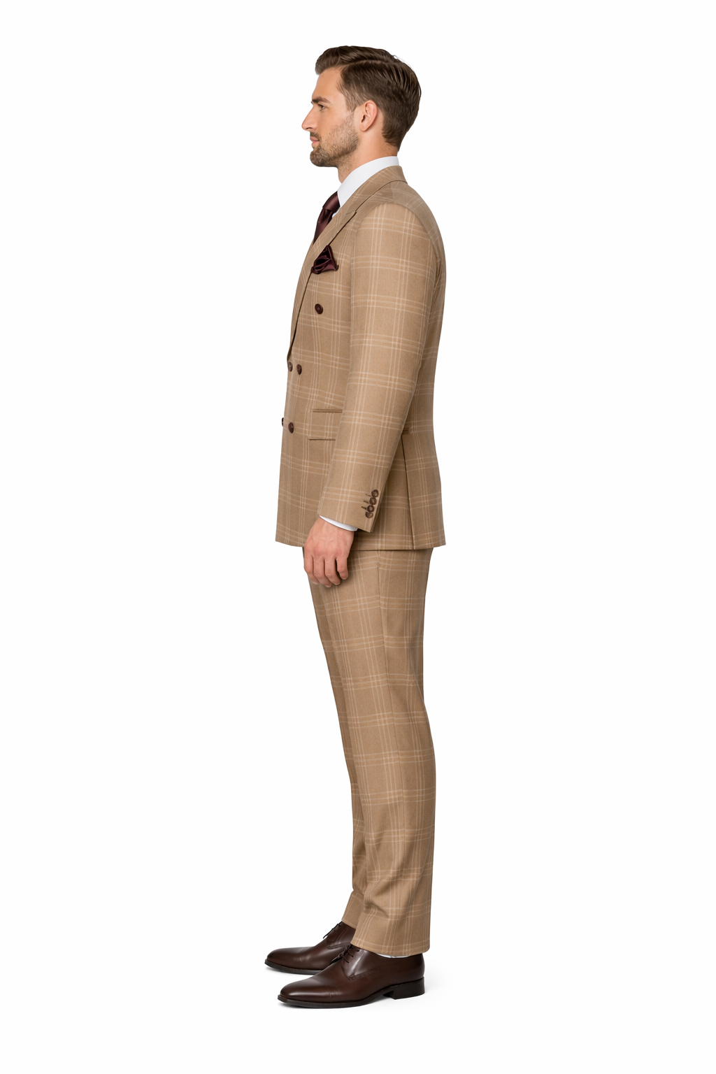 Tan Windowpane Plaid Suit â€“ Rossiman Double-Breasted Menâ€™s Two-Piece in Camel-New Designer Collection - 34 Short or Extra Small