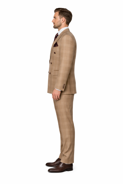 Tan Windowpane Plaid Suit Rossiman Double-Breasted Mens Two-Piece in Camel-New Designer Collection