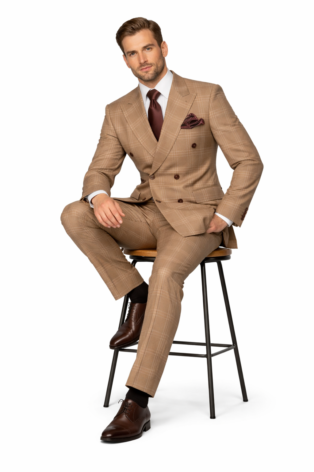Tan Windowpane Plaid Suit â€“ Rossiman Double-Breasted Menâ€™s Two-Piece in Camel-New Designer Collection - 34 Short or Extra Small