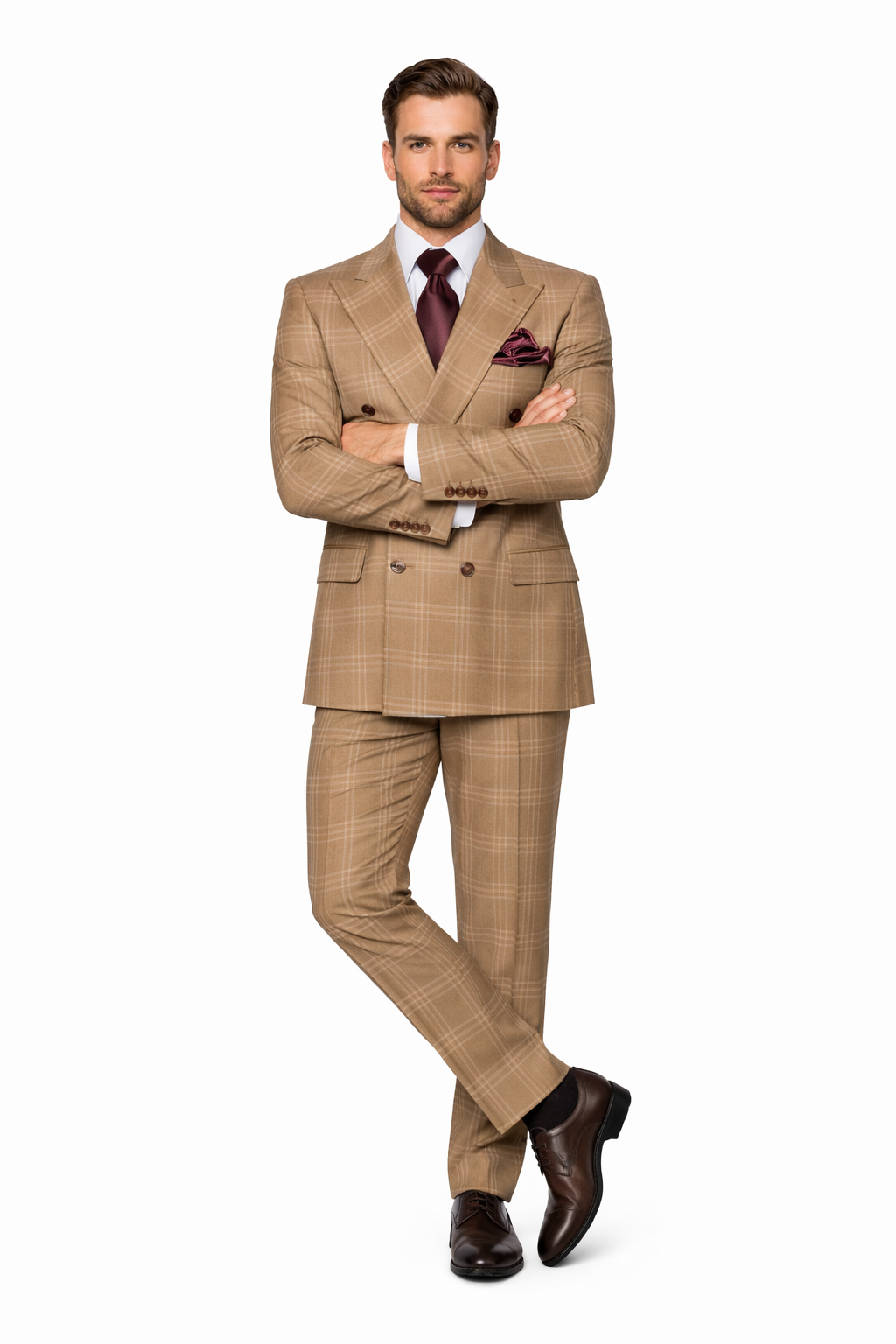 Tan Windowpane Plaid Suit â€“ Rossiman Double-Breasted Menâ€™s Two-Piece in Camel-New Designer Collection - 34 Short or Extra Small