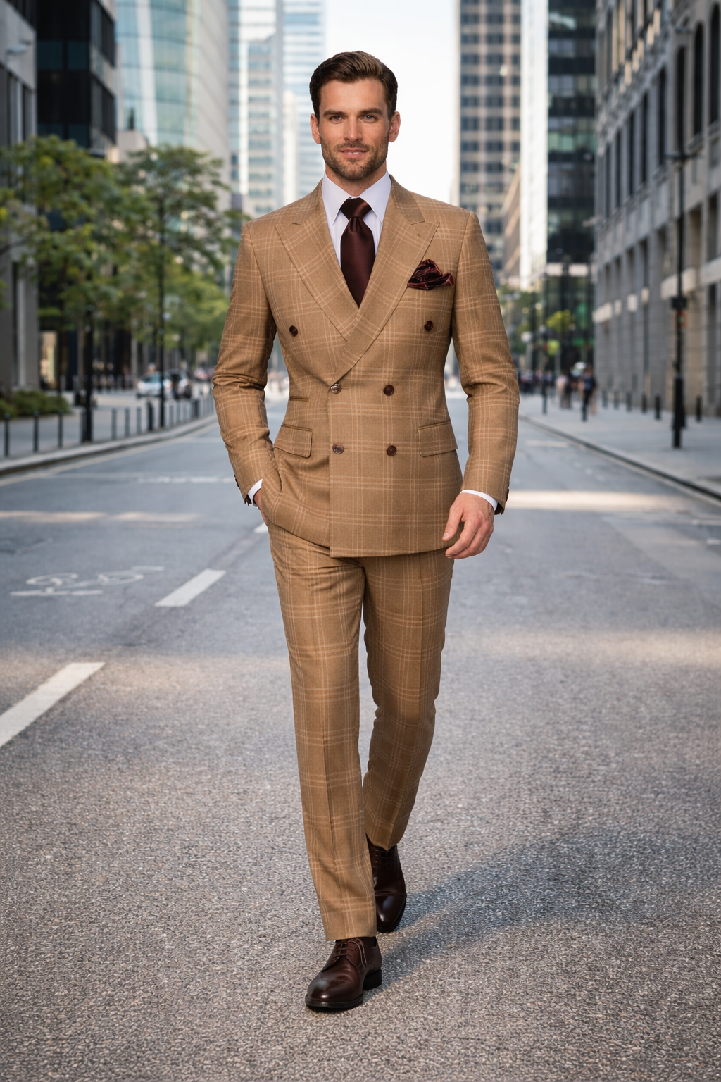 Tan Windowpane Plaid Suit Rossiman Double-Breasted Mens Two-Piece in Camel-New Designer Collection
