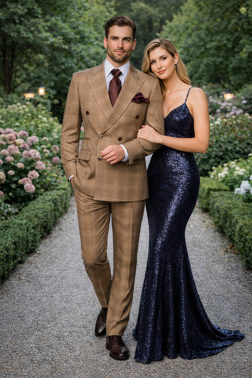 Tan Windowpane Plaid Suit Rossiman Double-Breasted Mens Two-Piece in Camel-New Designer Collection