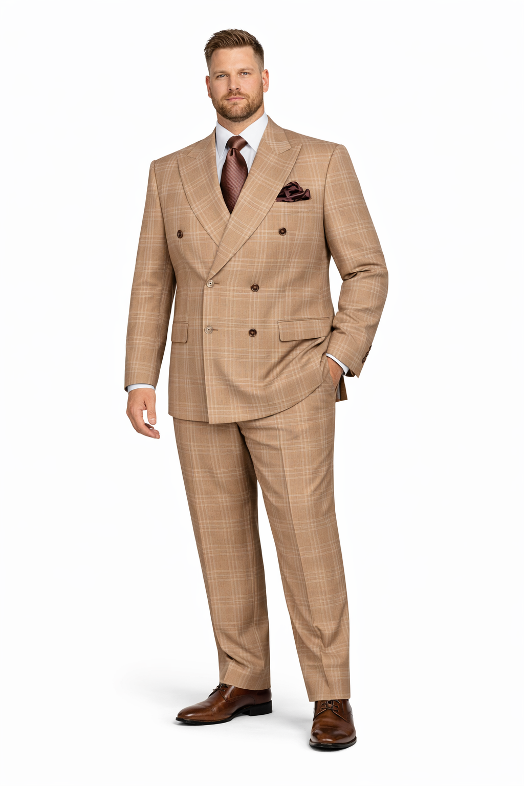 Tan Windowpane Plaid Suit â€“ Rossiman Double-Breasted Menâ€™s Two-Piece in Camel-New Designer Collection - 34 Short or Extra Small