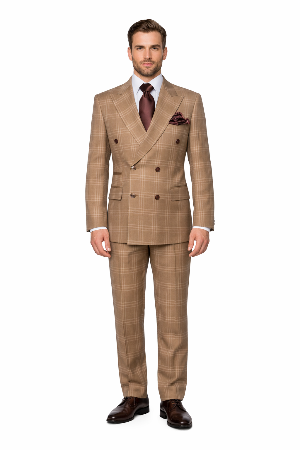 Tan Windowpane Plaid Suit â€“ Rossiman Double-Breasted Menâ€™s Two-Piece in Camel-New Designer Collection - 34 Short or Extra Small