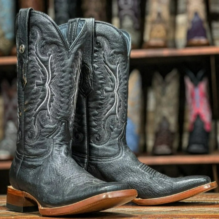 Men's Bexar Genuine Smooth Ostrich Square Toe Boots Black - 6