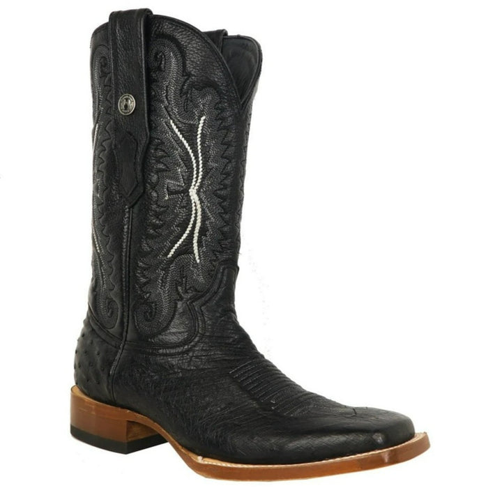 Men's Bexar Genuine Smooth Ostrich Square Toe Boots Black - 6