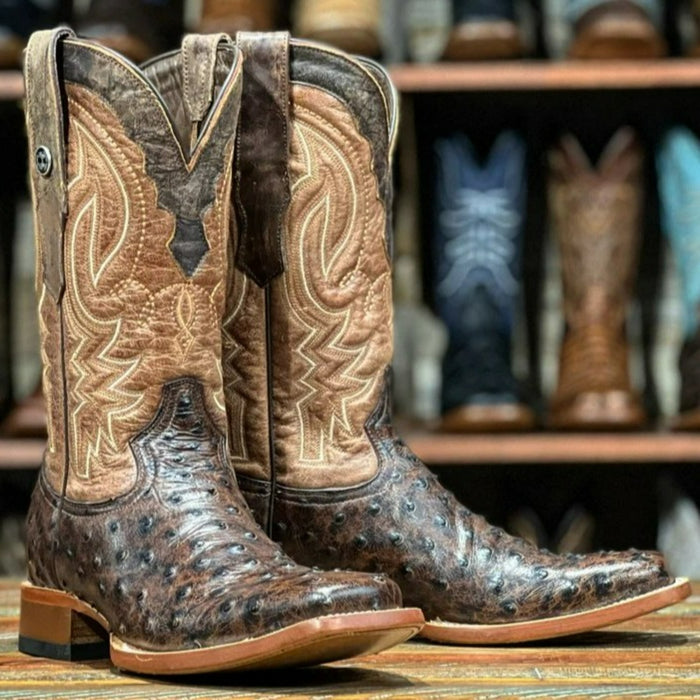 Men's Big Cabin Print Ostrich Square Toe Boots Chocolate - 6