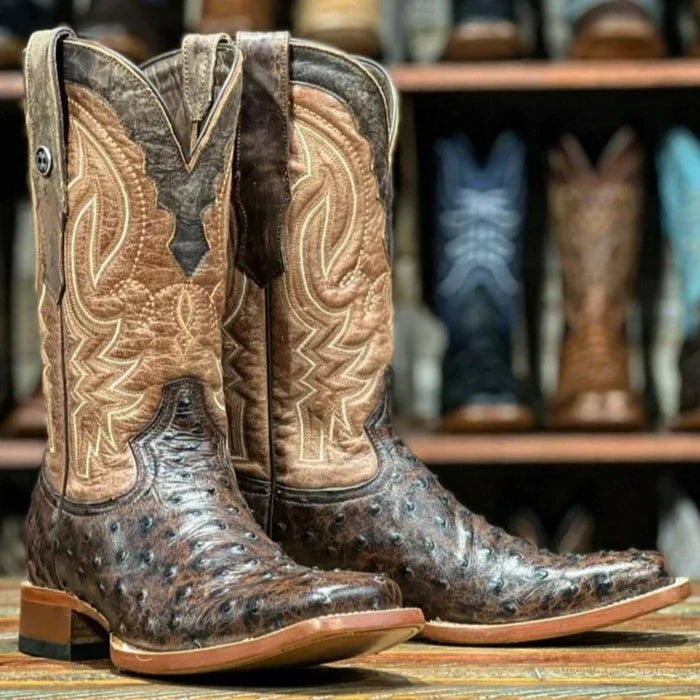 Men's Big Cabin Print Ostrich Square Toe Boots Chocolate - 6.5