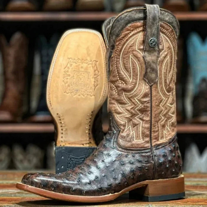 Men's Big Cabin Print Ostrich Square Toe Boots Chocolate - 6.5