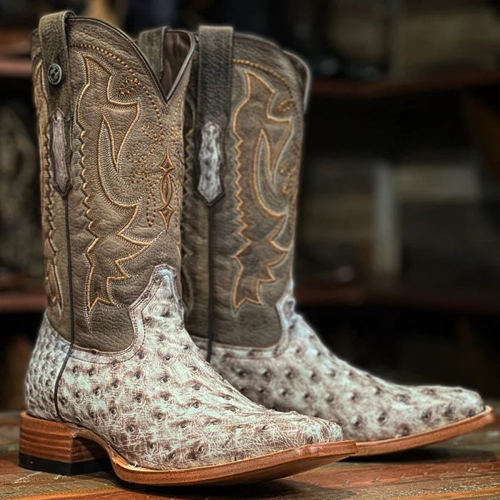 Men's "Stoney" Full Quill Ostrich Square Toe Boots Antique Saddle - 6