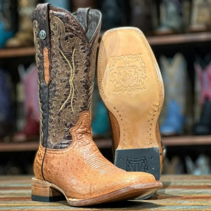 Men's Bosque Genuine Smooth Ostrich Square Toe Boots Brandy - 6