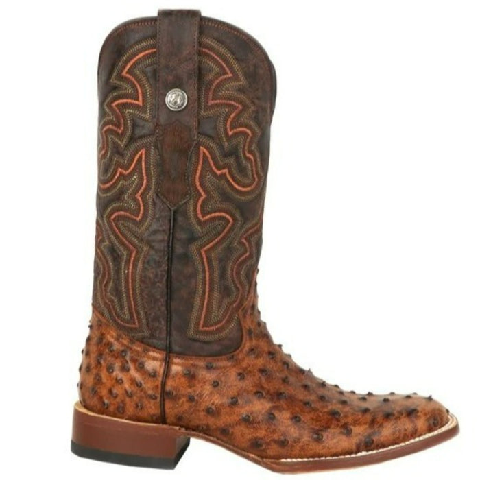 Men's Broken Arrow Print Ostrich Square Toe Boots Cognac - 6