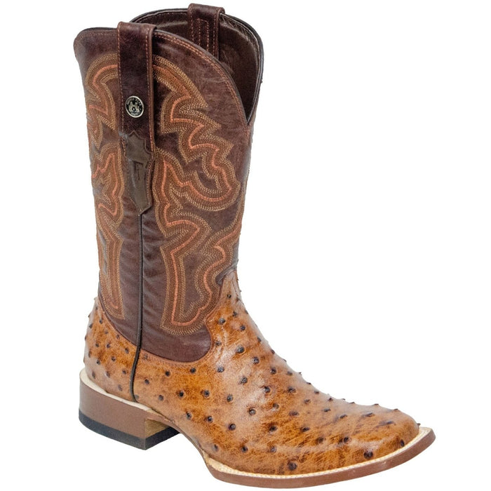 Men's Broken Arrow Print Ostrich Square Toe Boots Cognac - 6