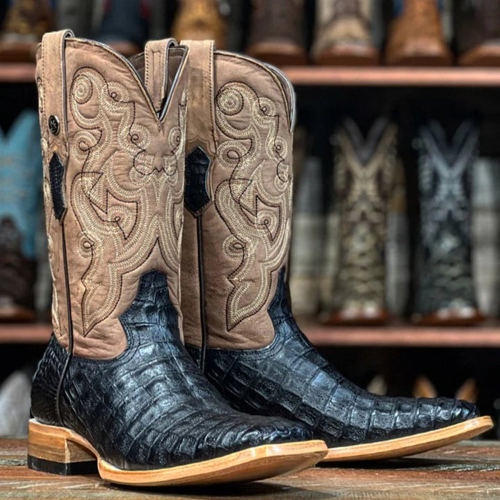 Men's Genuine Full Quill Ostrich Square Toe Boots Antique Saddle - 6