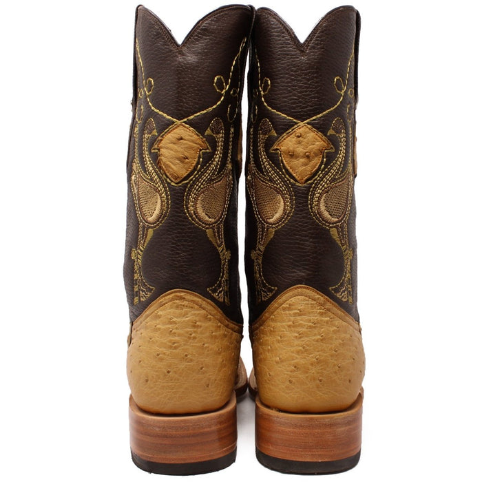 Men's Genuine Full Quill Ostrich Square Toe Boots Antique Saddle - 6