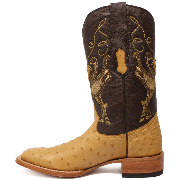 Men's Genuine Full Quill Ostrich Square Toe Boots Antique Saddle - 6
