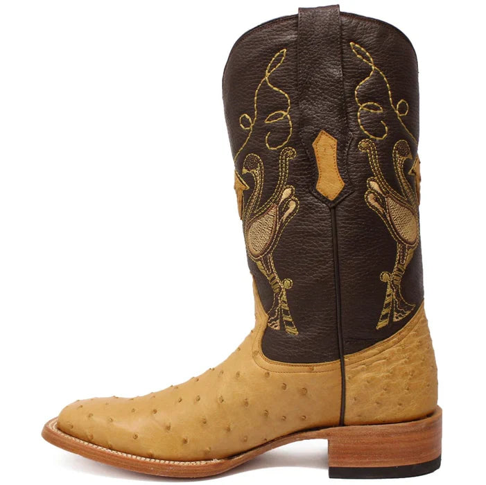 Men's Genuine Full Quill Ostrich Square Toe Boots Antique Saddle - 6